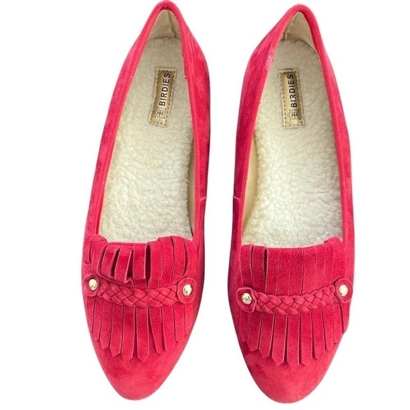 Birdies Sherpa Lined Suede Flat Loafers Size 6.5 Red Cardinal Holiday Comfy - Picture 2 of 10